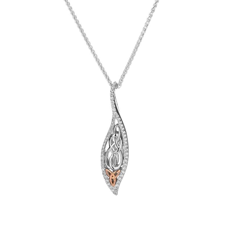 Sterling Silver Rhodium 10k Rose with White CZ Leaf Pendant