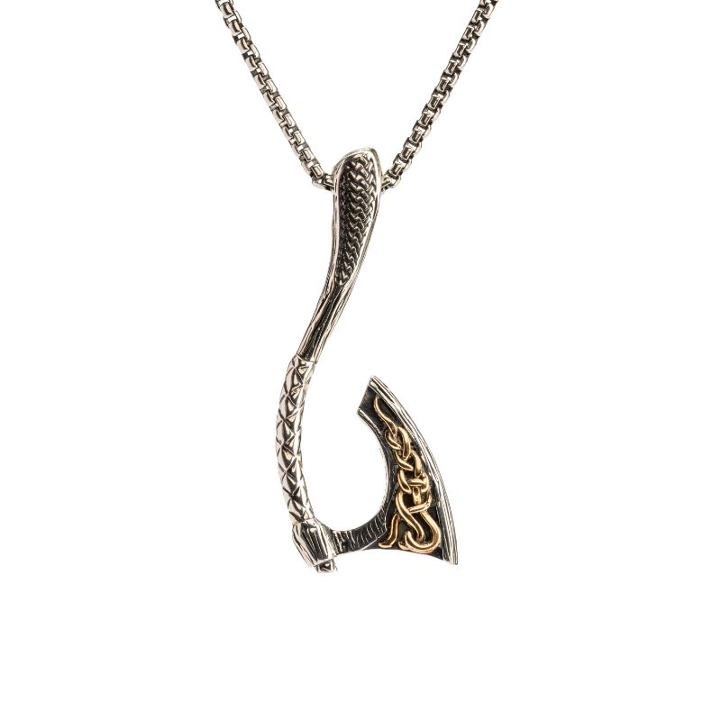 Sterling Silver Oxidized 10k Yellow Gold Curved Viking Axe Pendant Small