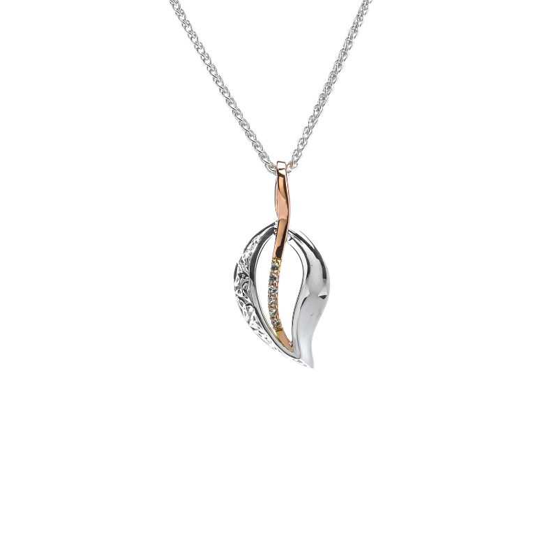 Sterling Silver 10k Rose Trinity Leaf White Sapphire Pendant