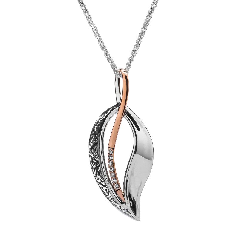 Sterling Silver Oxidized 10k Rose Trinity Leaf White Sapphire Large Pendant