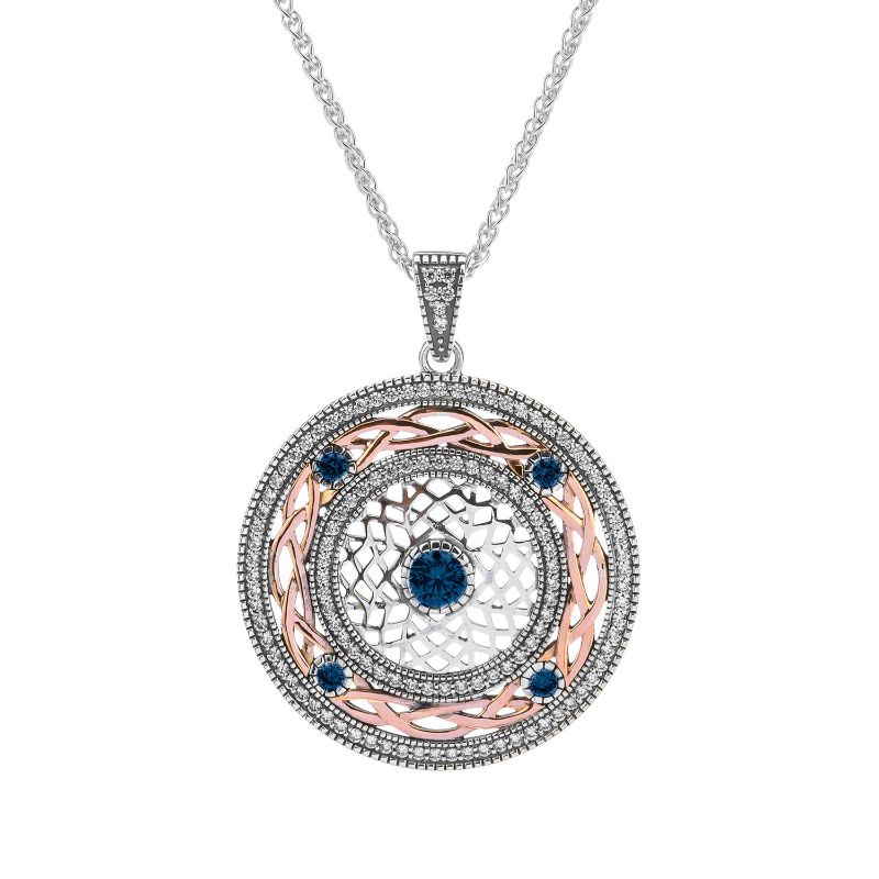 Sterling Silver Oxidized 10k Rose with White and Blue CZ Brave Heart Pendant