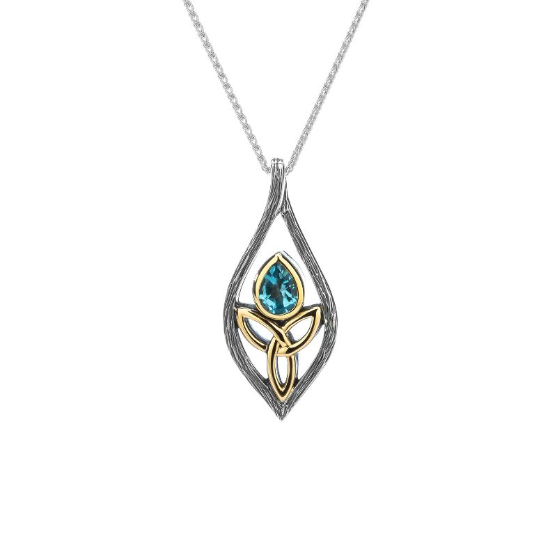 Sterling Silver Oxidized 10k Yellow Trinity Knot Sky BlueTopaz Petal Pendant