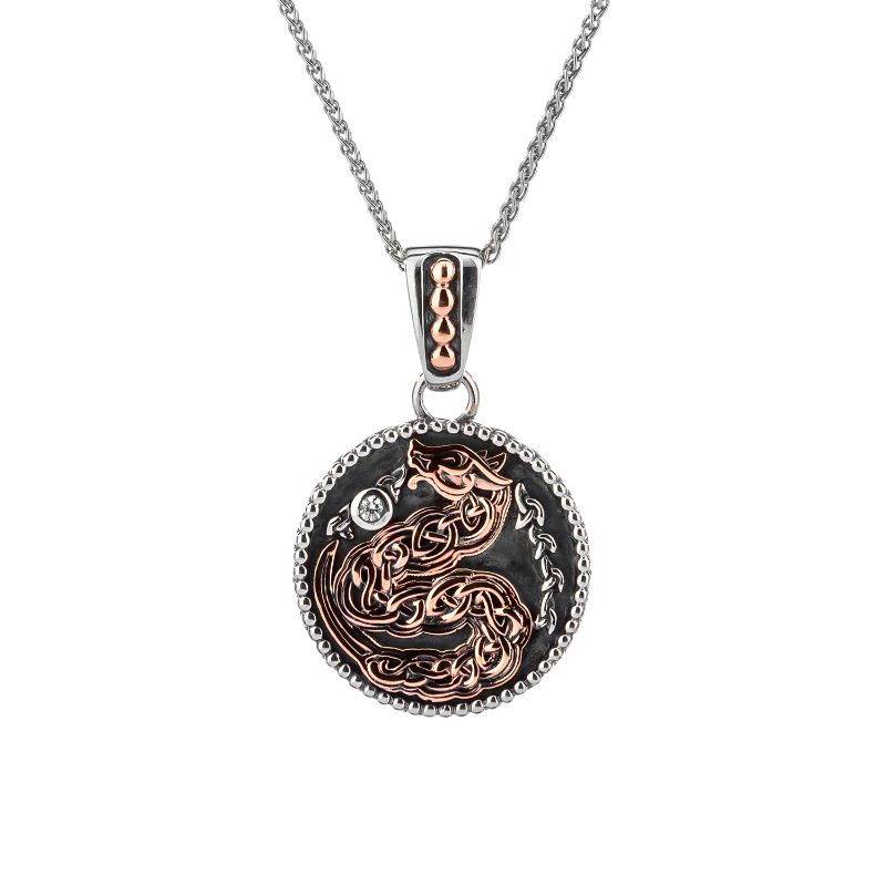 Sterling Silver Oxidized 10k Rose CZ Medallion Dragon Pendant Small (Reversible)