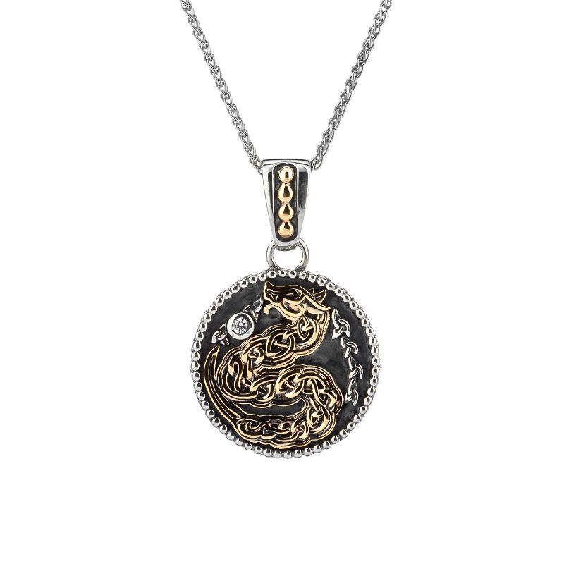 Sterling Silver Oxidized 10k CZ Medallion Dragon Pendant Small (Reversible)