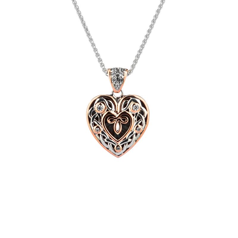 Sterling Silver Oxidized 10k Rose Celtic Heart Small Pendant with CZ