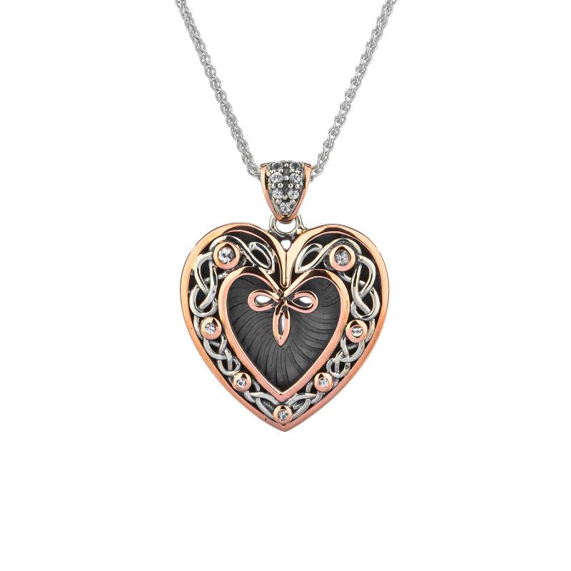 Sterling Silver Oxidized 10k Rose with White Sapphire Celtic Heart Pendant