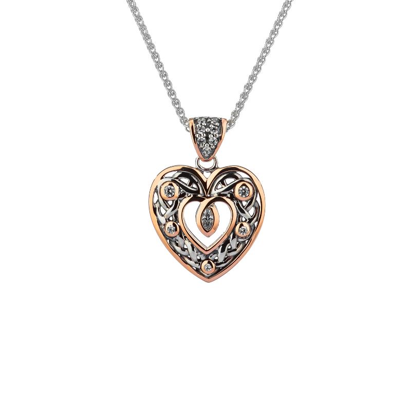 Sterling Silver 10k Rose Double Sided Celtic Open Heart Small Pendant with CZ
