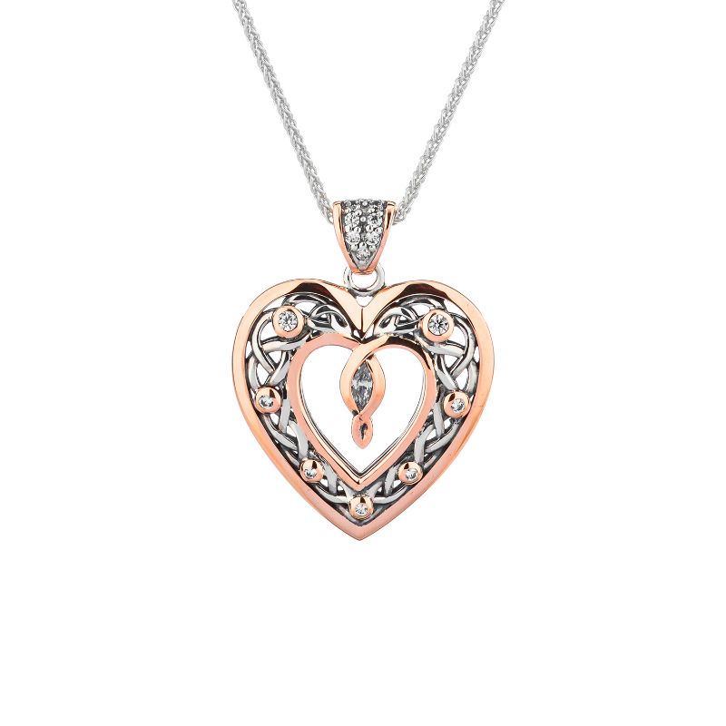 Sterling Silver 10k Rose with CZ's Double Sided Celtic Open Heart Pendant