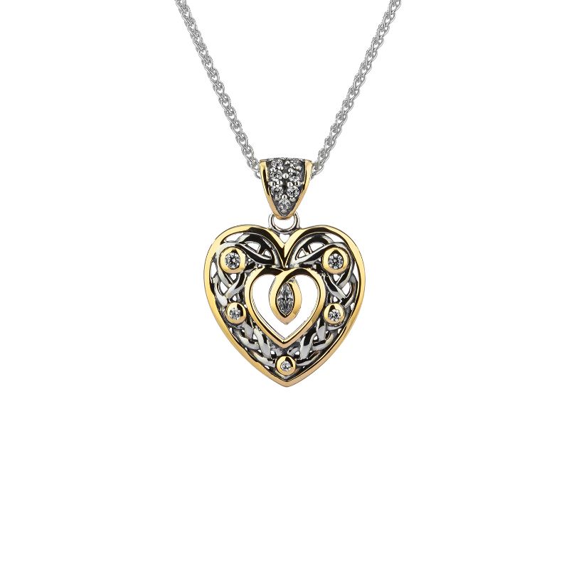 Sterling Silver 10k Double Sided Celtic Open Heart Small Pendant with CZ