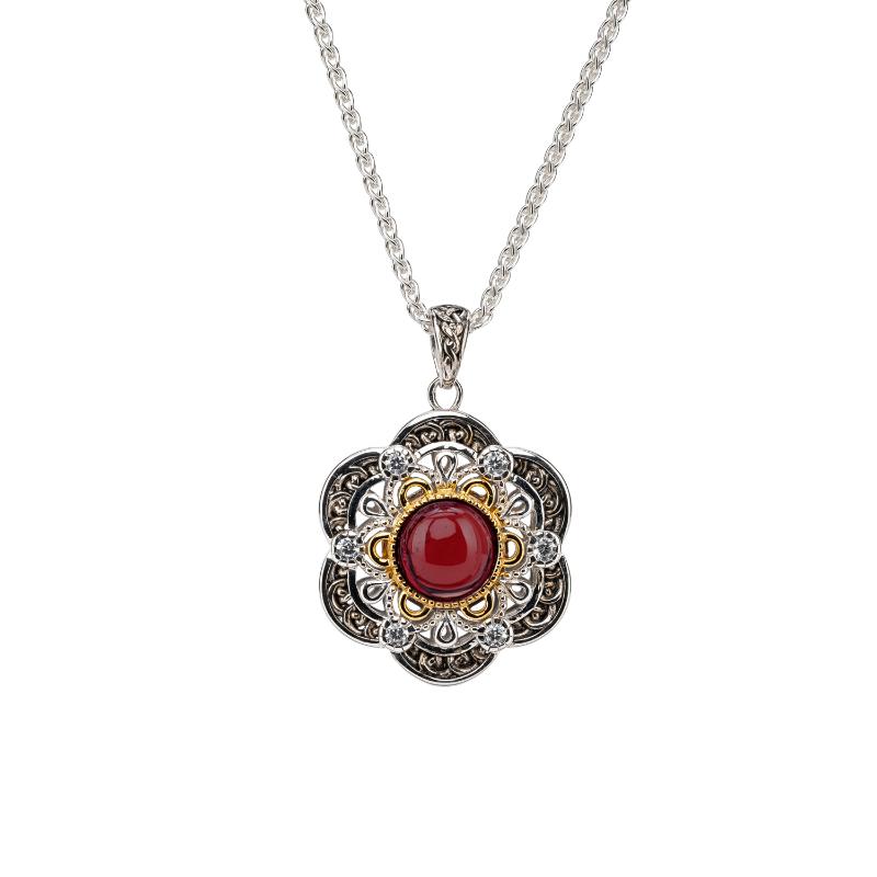 Sterling Silver Rhodium  23k Gilded Garnet & CZ Celestial Pendant