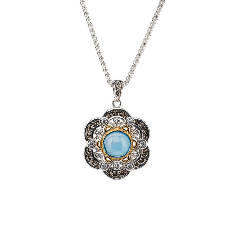 Sterling Silver Rhodium  23k Gilded Swiss Blue Topaz & CZ Celestial Pendant
