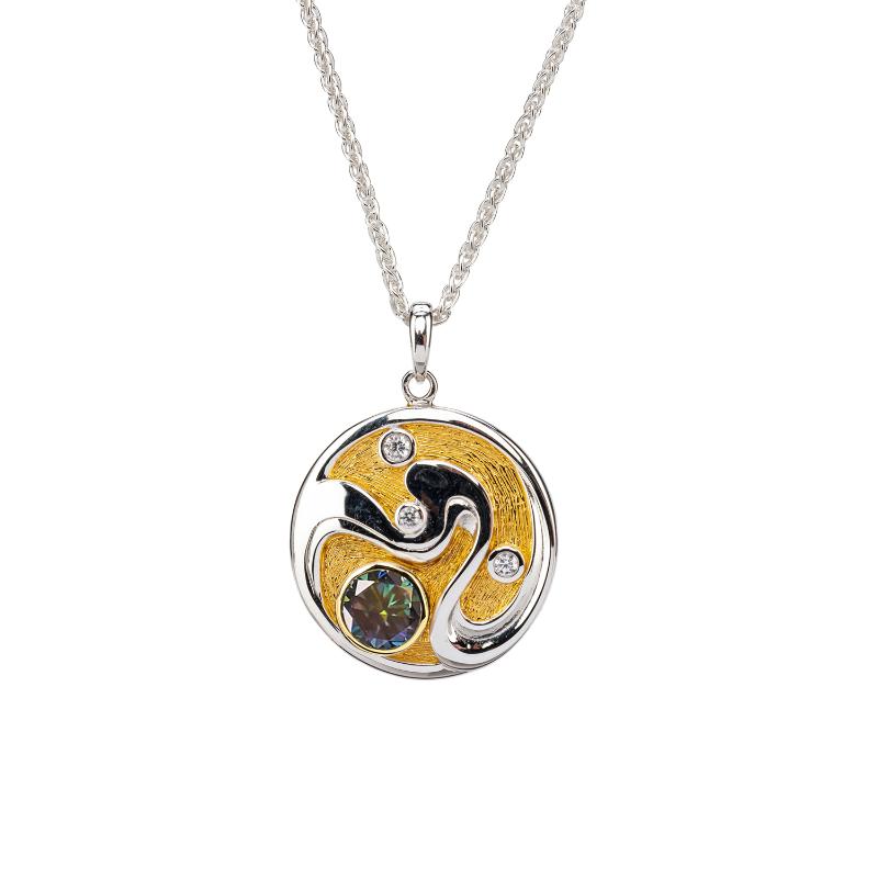 Sterling Silver Rhodium  23k Gilded Mystic Blue Moissanite & CZ Whirlpool Pendant