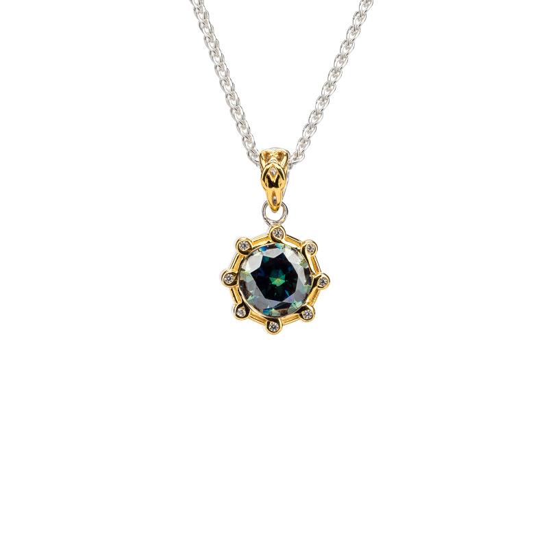 Sterling Silver Rhodium  23k Gilded Mystic Blue Moissanite & CZ Celestial Pendant