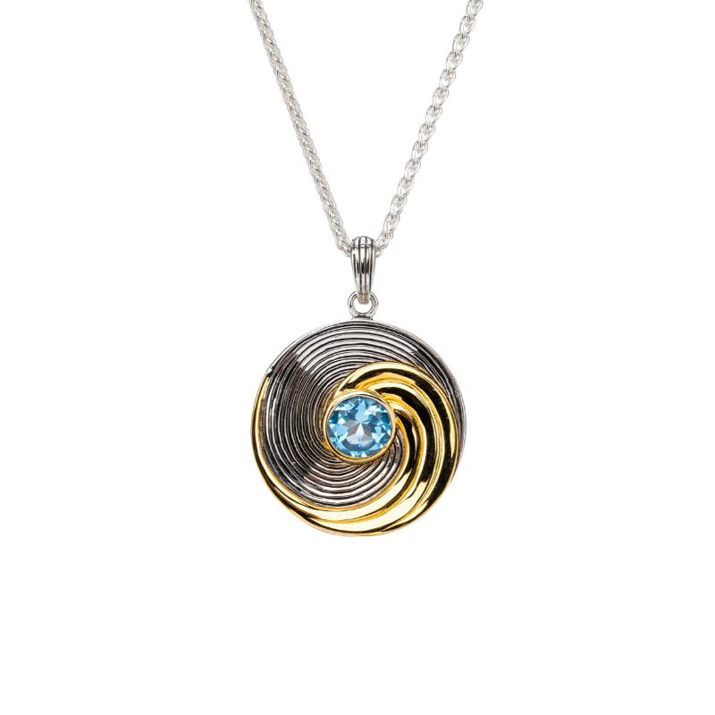 Sterling Silver Rhodium  23k Gilded Swiss Blue Topaz Whirlpool Pendant