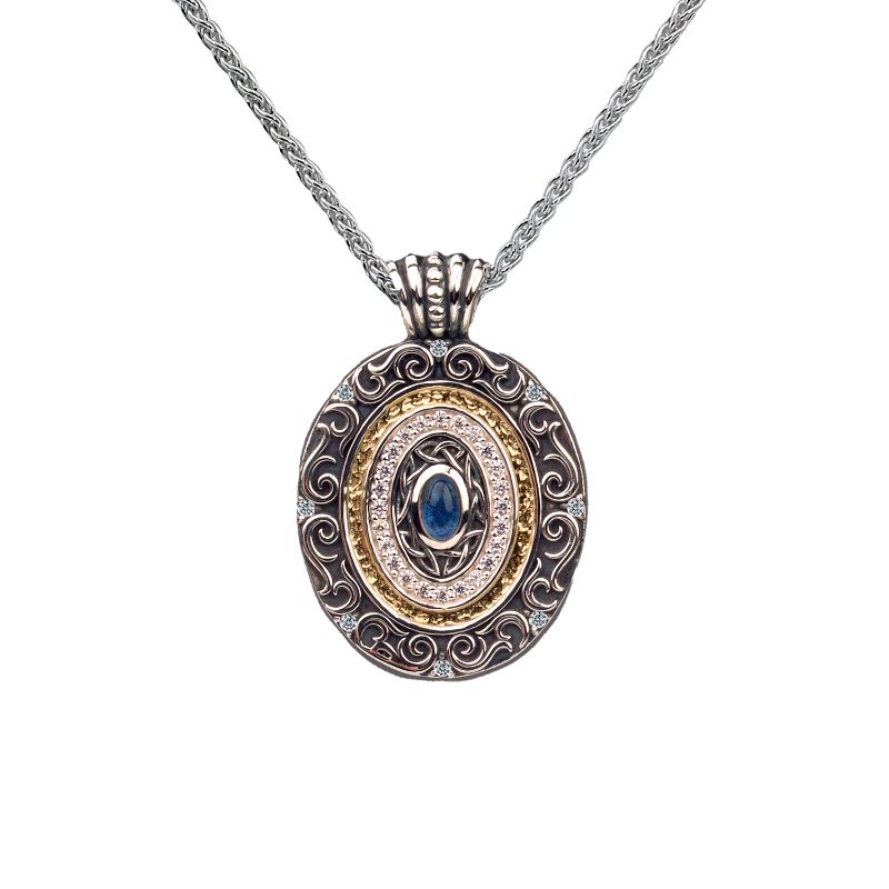 Sterling Silver 14k Gilded Synthetic Blue Sapphire & CZ Oval Filigree Shield Pendant