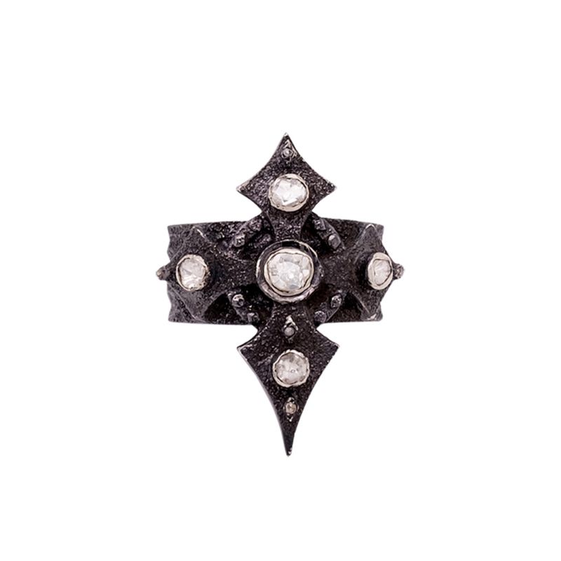 Sterling Silver Medium Raw Diamond Celtic Cross Ring with Black Rhodium 0.35ctw