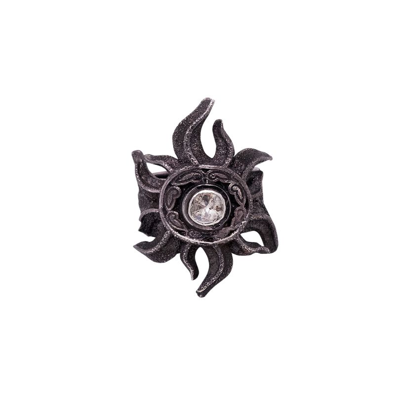 Sterling Silver Raw Diamond Solar Shield Ring with Black Rhodium 0.2ctw