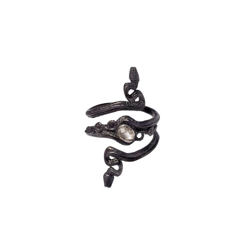 Sterling Silver Raw Diamond Snake Ring with Black Rhodium 0.1ctw