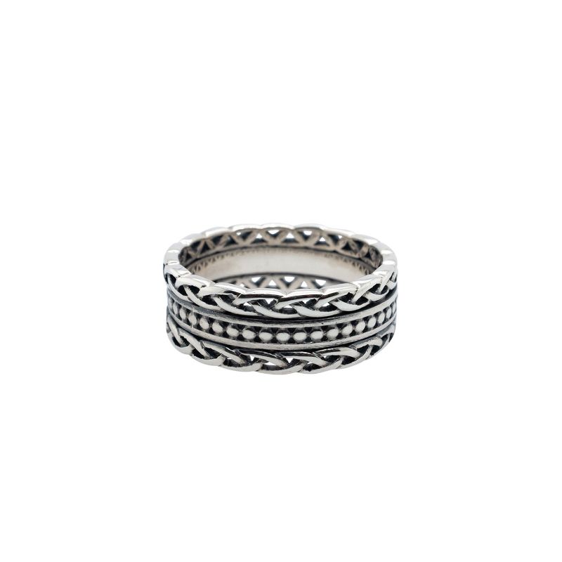 Sterling Silver Oxidized Beaded Ring with Knotwork Rails