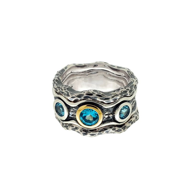 Sterling Silver 10k Swiss Blue Topaz 3 stone Rocks 'n River Ring with 2 Rails