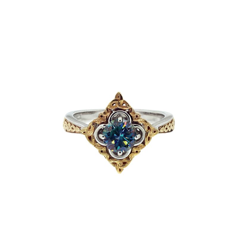 Sterling Silver Rhodium 10k Mystic Blue Moissanite Celestail Ring