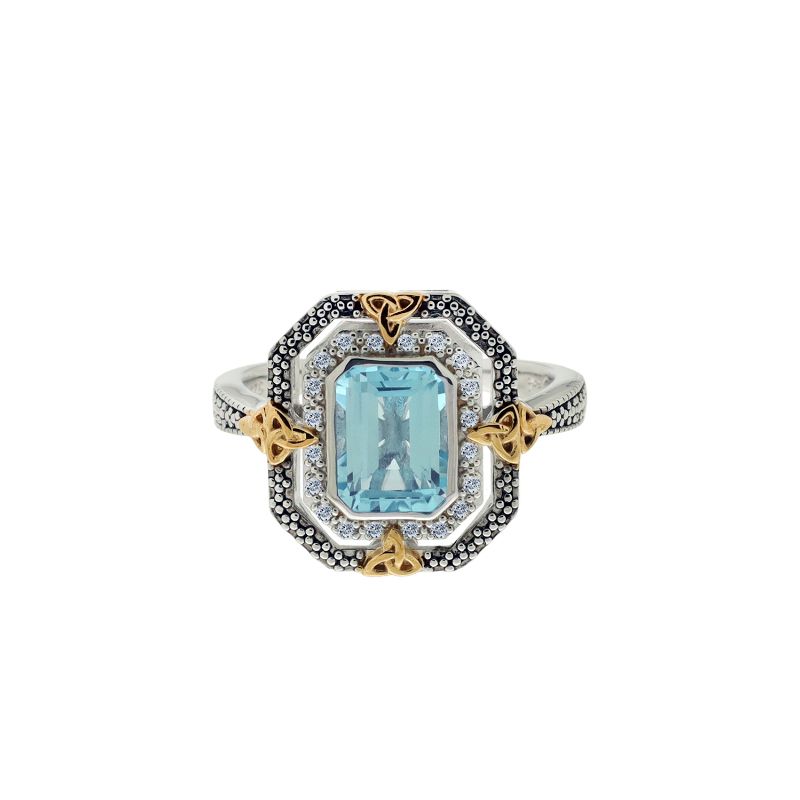 Sterling Silver Rhodium 10k Yellow Octagon Sky Blue Topaz (6x8mm) Celestial Ring