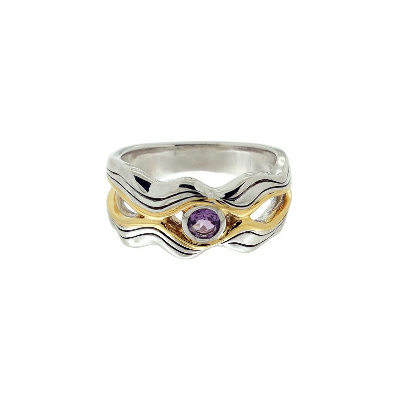 Sterling Silver Rhodium 10k Amethyst Rocks 'n Rivers Ring