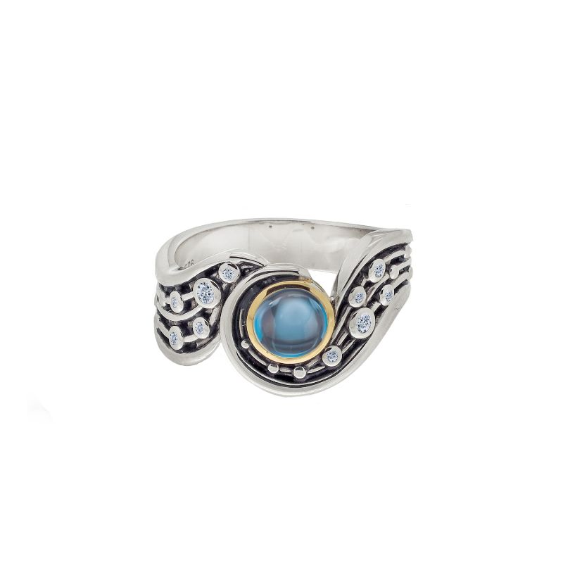 Sterling Silver Rhodium 10k London Blue Topaz & CZ Celestial Ring
