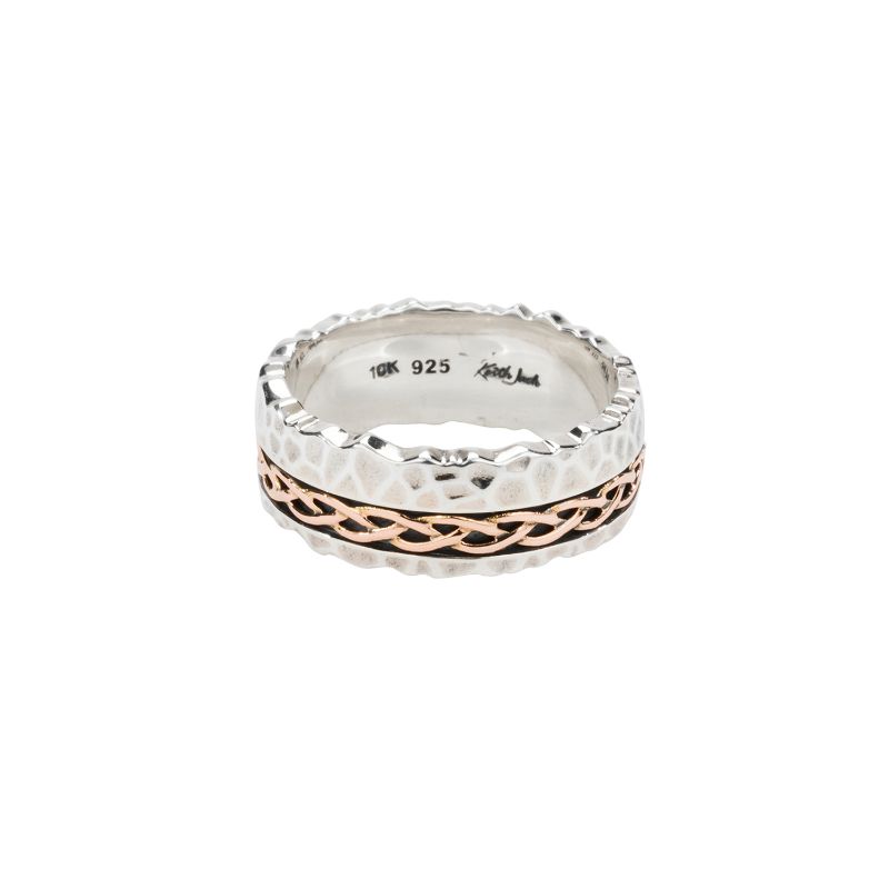 Sterling Silver Oxidized 10k Rose Gold Hammered Weave Ring