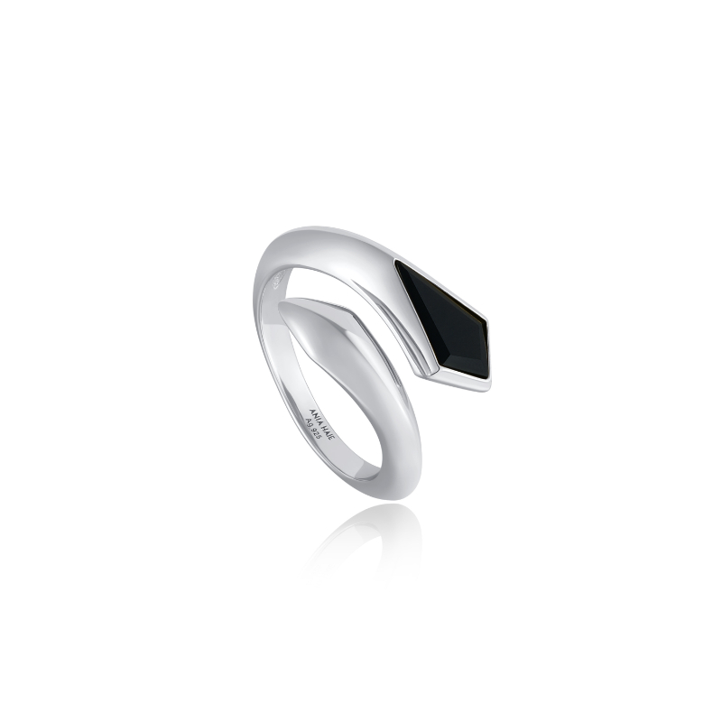 Silver Black Agate Wrap Adjustable Ring