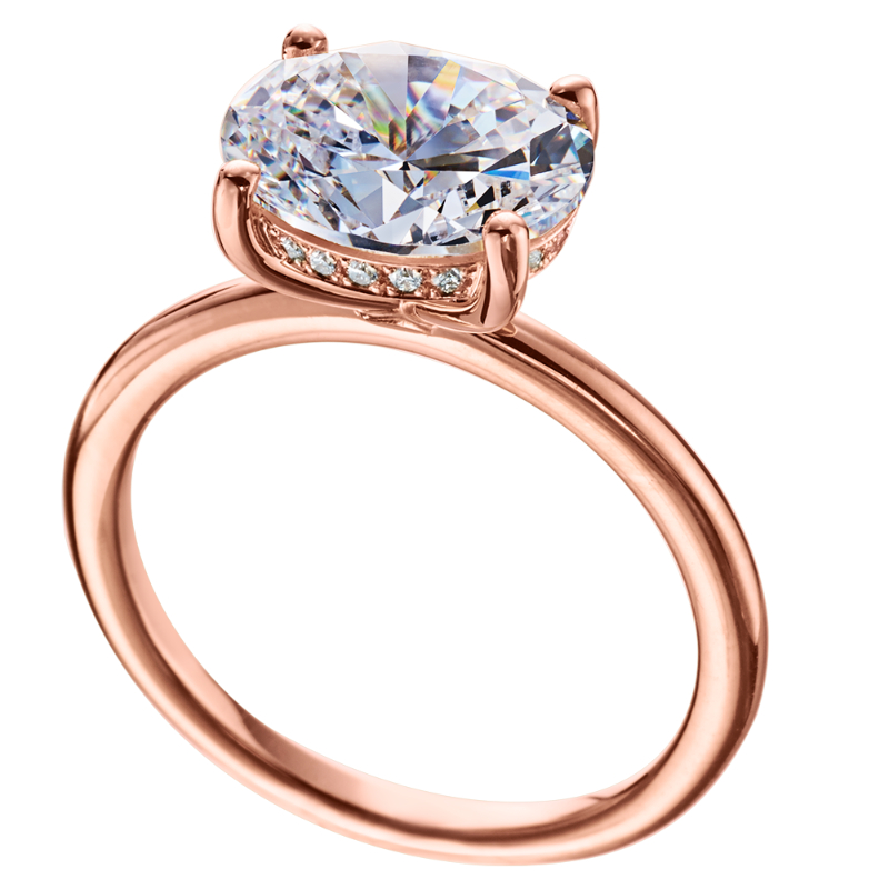 18 Karat Rose Gold Engagement Ring Features Hidden Diamond Halo